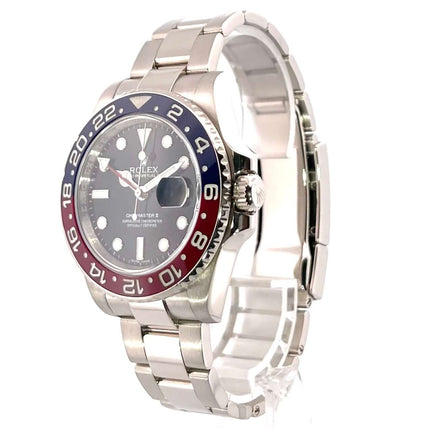 Rolex GMT-Master II Weißgold 116719BLRO aus 2015, 40 mm Gehäusedurchmesser, blau/rote Keramik Lünette, schwarzes Zifferblatt, Oyster-Armband.