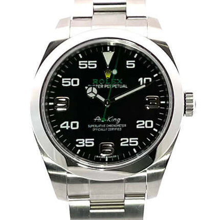 Rolex Oyster Perpetual Air-King 116900 mit poliertem und satiniertem Edelstahlgehäuse, schwarzen Zifferblatt und Oyster Edelstahl Armband.