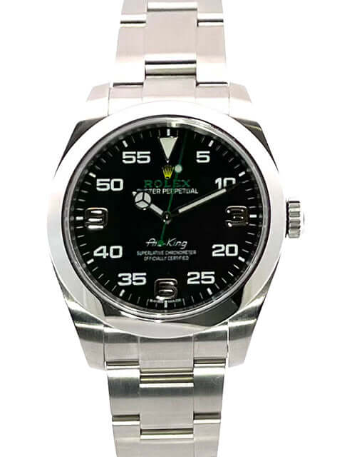 Rolex Oyster Perpetual Air-King 116900 mit poliertem und satiniertem Edelstahlgehäuse, schwarzen Zifferblatt und Oyster Edelstahl Armband.