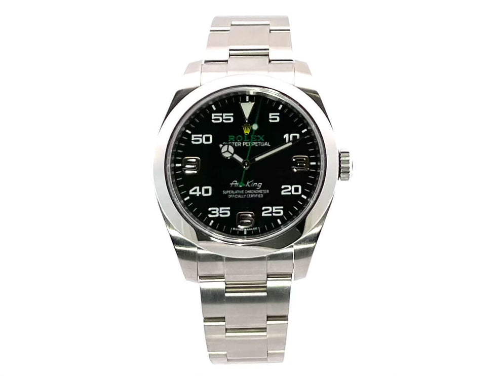 Rolex Oyster Perpetual Air-King 116900 Edelstahlarmband, schwarzes Zifferblatt, arabische Leuchtziffern, Automatikwerk, Chronometer aus 2019