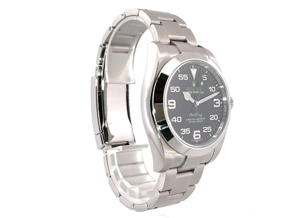 Rolex Oyster Perpetual Air-King 116900 aus Edelstahl mit schwarzem Zifferblatt und arabischen Leuchtziffern, Automatikwerk, Chronometer.
