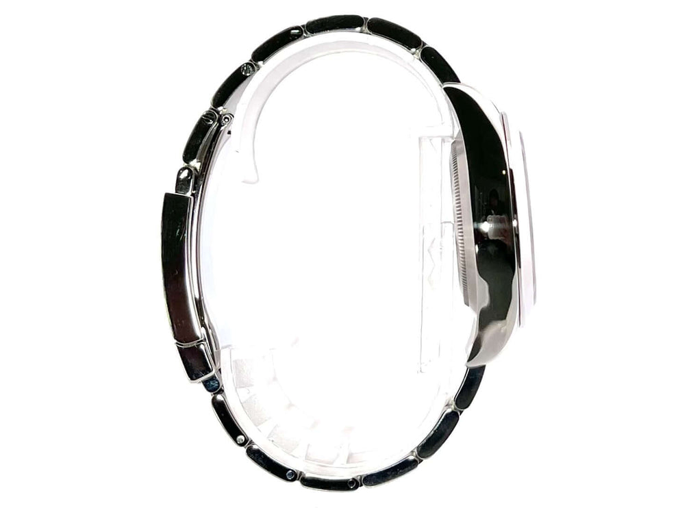 Seitenansicht der Rolex Oyster Perpetual Air-King 116900 aus Edelstahl mit schwarzem Zifferblatt und poliertem Edelstahl-Lünette