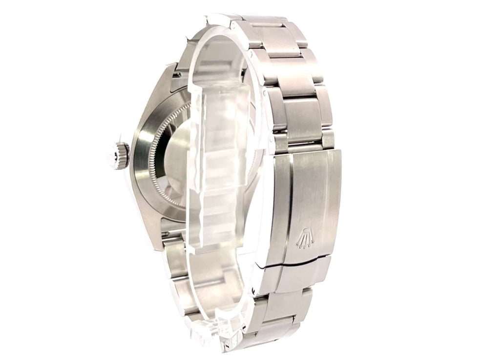 Rückseite des Rolex Oyster Perpetual Air-King 116900 aus Edelstahl mit poliertem und satiniertem Oyster-Armband und Faltschließe.