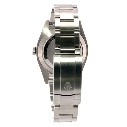 Rückseite eines Rolex Oyster Perpetual Air-King 116900 mit poliertem und satiniertem Edelstahlband und Faltschließe.