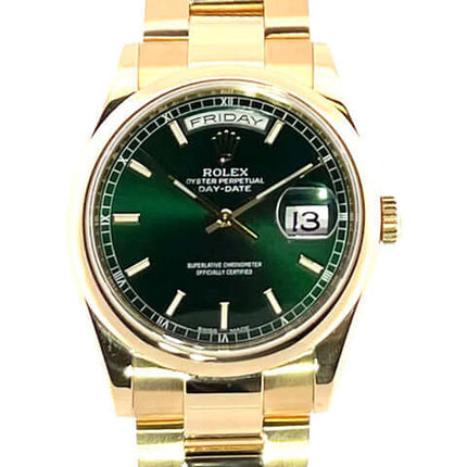 Rolex Day-Date 36 118208 Gelbgold Grün mit grünem Zifferblatt, 18 kt poliertes und satiniertes Gelbgoldgehäuse und -armband