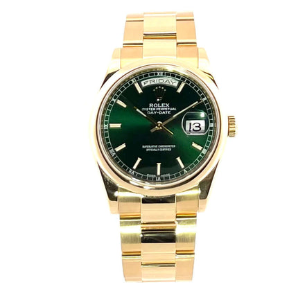 Rolex Day-Date 36 Gelbgold Grün 118208 mit grünem Zifferblatt und Oyster Armband aus 18 kt Gelbgold