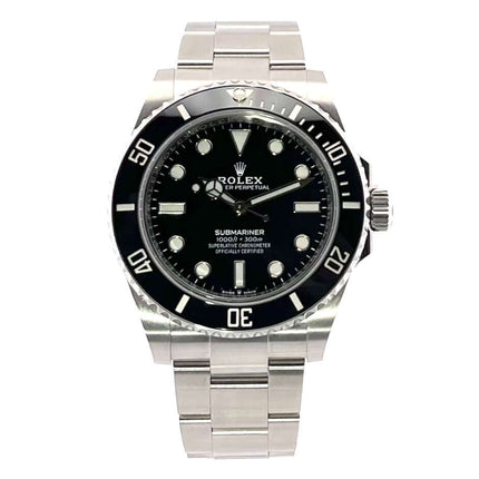 Rolex Submariner 124060 No Date, Edelstahlgehäuse und schwarzes Zifferblatt, Oyster-Armband aus Edelstahl, 41 mm Gehäusedurchmesser.
