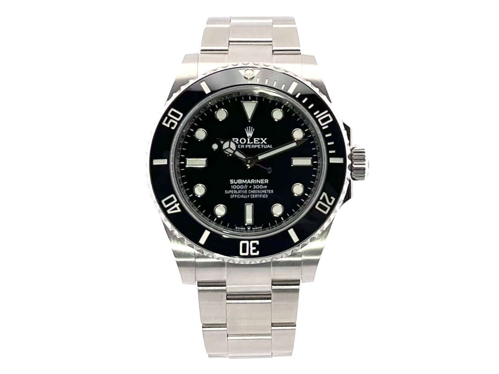 Rolex Submariner 124060 No Date, Edelstahlgehäuse und schwarzes Zifferblatt, Oyster-Armband aus Edelstahl, 41 mm Gehäusedurchmesser.