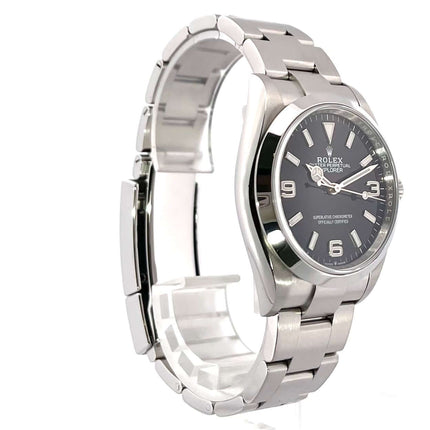 Rolex Explorer 36 Edelstahl 124270, schwarzes Zifferblatt mit arabischen Leuchtziffern, polierte Lünette und Oyster Edelstahl Armband