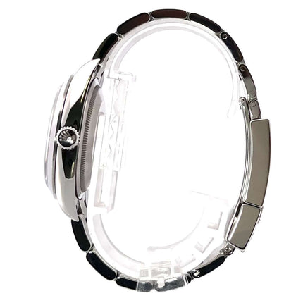 Seitenansicht der Rolex Explorer 36 Edelstahl Ref. 124270 mit poliertem und satiniertem Oyster Edelstahl Armband und Faltschließe