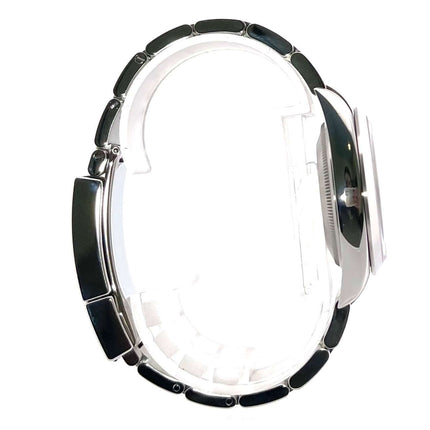 Rolex Explorer 36 Edelstahl 124270 Seitenansicht des Armbands und Gehäuses im Profil.