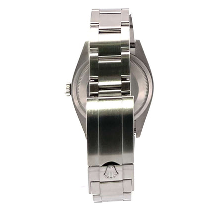 Rückansicht des Rolex Explorer 36 Edelstahl 124270, zeigt satiniertes und poliertes Oyster Edelstahl Armband mit Faltschließe.