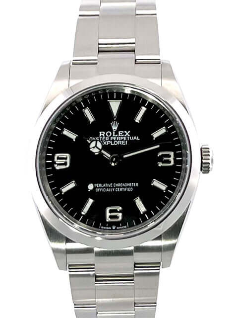 Rolex Explorer 36 Edelstahl 124270 aus 2021, poliertes und satiniertes Gehäuse, schwarzes Zifferblatt mit Leuchtziffern und Oyster Armband
