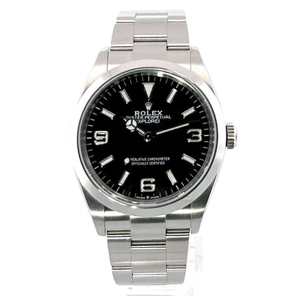 Rolex Explorer 36 Edelstahl 124270 mit schwarzem Zifferblatt und Oyster Edelstahl Armband, 36 mm Gehäusedurchmesser.