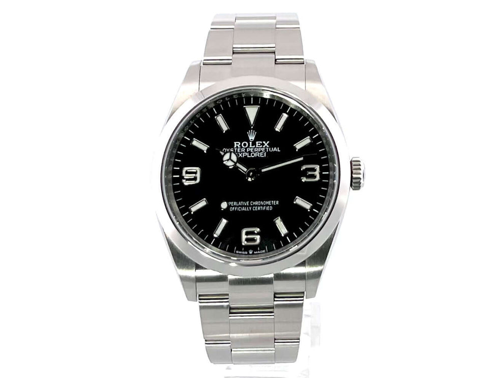 Rolex Explorer 36 Edelstahl 124270 mit schwarzem Zifferblatt und Oyster Edelstahl Armband, 36 mm Gehäusedurchmesser.