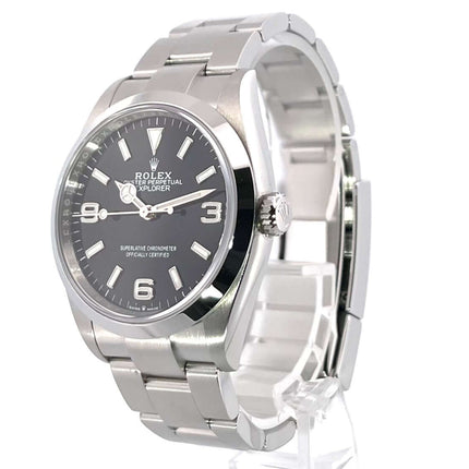 Rolex Explorer 36 Edelstahl 124270, poliertes und satiniertes Gehäuse und Armband, schwarzes Zifferblatt, arabische Leuchtziffern, Automatikwerk.