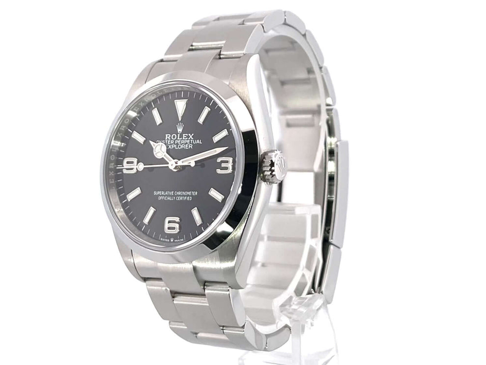 Rolex Explorer 36 Edelstahl 124270, poliertes und satiniertes Gehäuse und Armband, schwarzes Zifferblatt, arabische Leuchtziffern, Automatikwerk.