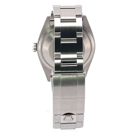 Rückseite der Rolex Explorer 36 Ref. 124270 mit poliertem und satiniertem Edelstahl-Oyster-Armband, Faltschließe und geschlossener Gehäuserückseite.
