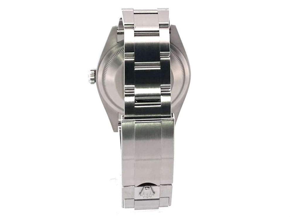 Rückseite der Rolex Explorer 36 Ref. 124270 mit poliertem und satiniertem Edelstahl-Oyster-Armband, Faltschließe und geschlossener Gehäuserückseite.