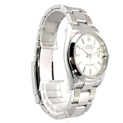 Rolex Datejust 36 Oystersteel 126200, Edelstahlgehäuse, silbernes Zifferblatt, Leuchtindizes, Oyster-Edelstahlband, Automatik, 2019.