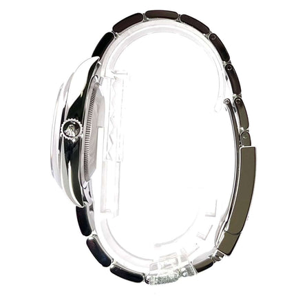 Rolex Datejust 36 Oystersteel Ref. 126200 aus Edelstahl mit Edelstahlband und poliertem Gehäuse, Seitenansicht der Uhr.