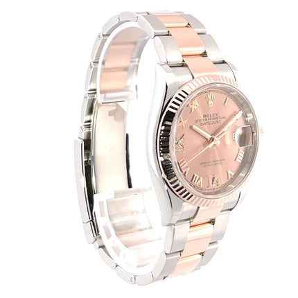 Rolex Datejust 36 Oystersteel Everose-Gold 126231, roséfarbenes Zifferblatt mit Diamanten und römischen Ziffern, Edelstahl/Gold Armband.