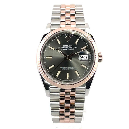 Rolex Datejust 36 Oystersteel Everose-Gold 126231, rhodium Zifferblatt, Jubilé-Band aus Edelstahl, roségoldene Lünette und Indizes.