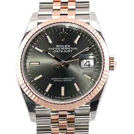 Rolex Datejust 36 Uhr aus Edelstahl und Everose-Gold mit dunklem Rhodium Zifferblatt und Jubilé Armband.