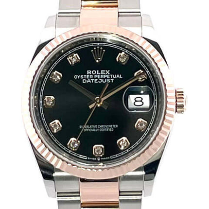 Rolex Datejust 36 Edelstahl Everose-Gold 126231, schwarzes Diamantzifferblatt, Armband aus Edelstahl und Everose-Gold.
