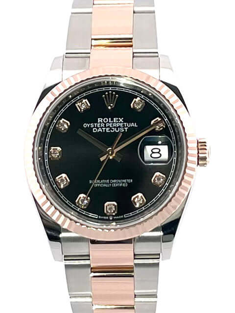 Rolex Datejust 36 Edelstahl Everose-Gold 126231, schwarzes Diamantzifferblatt, Armband aus Edelstahl und Everose-Gold.