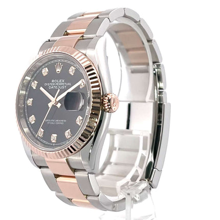 Rolex Datejust 36 Edelstahl Everose-Gold Ref. 126231 mit schwarzem Diamantzifferblatt und Oyster Armband, 36 mm Gehäusedurchmesser.