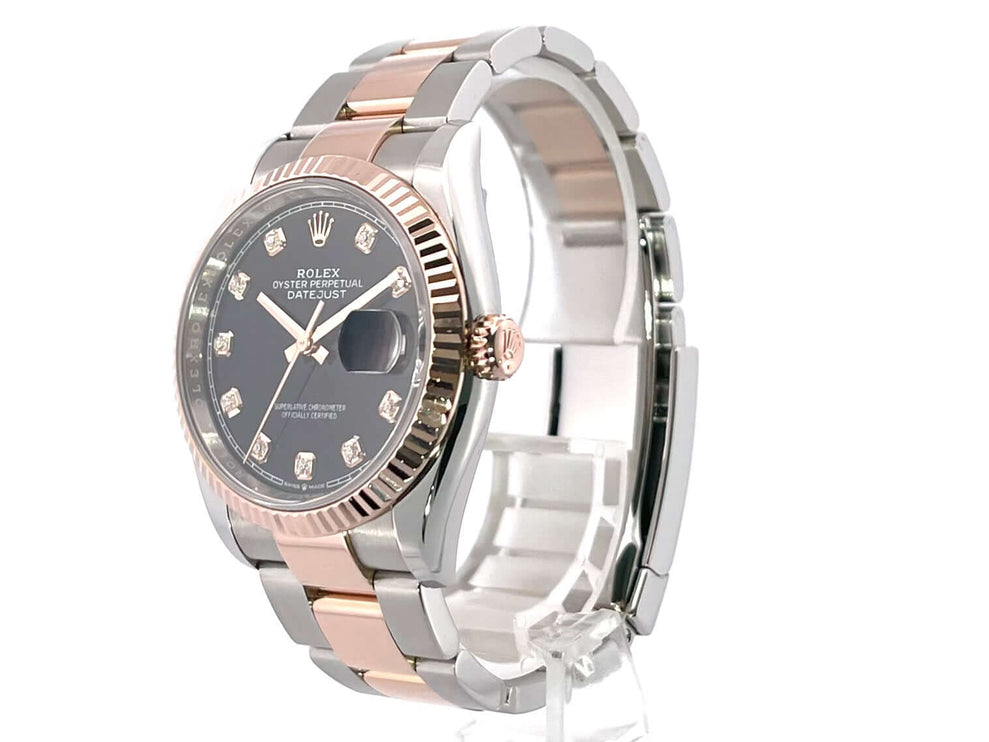 Rolex Datejust 36 Edelstahl Everose-Gold Ref. 126231 mit schwarzem Diamantzifferblatt und Oyster Armband, 36 mm Gehäusedurchmesser.