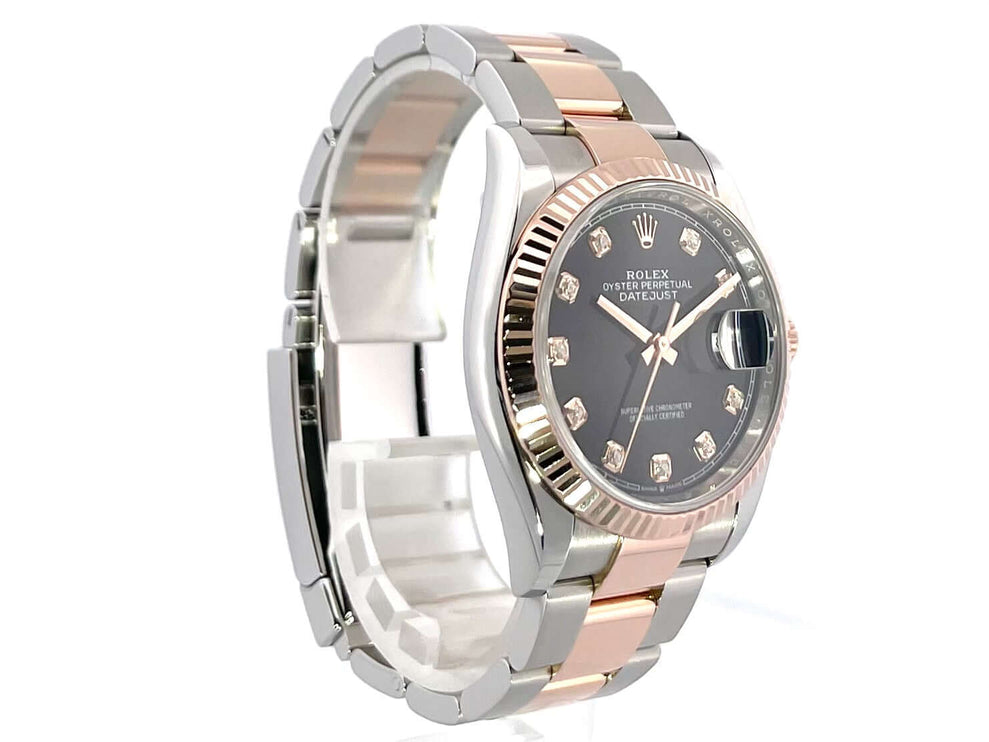 Rolex Datejust 36 Oystersteel Everose-Gold 126231 mit schwarzem Diamantzifferblatt und Oyster-Armband, poliert und satiniert, seitliche Ansicht