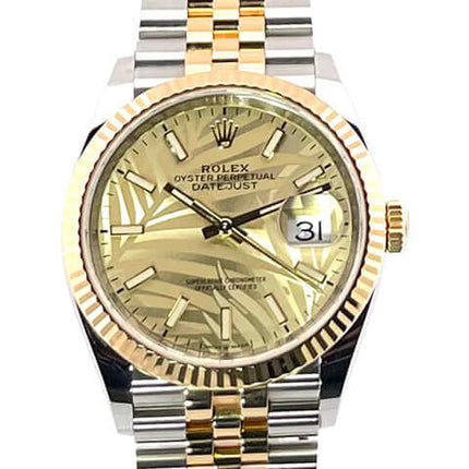 Rolex Datejust 36 Oystersteel Gelbgold 126233 mit goldenem Palmenmuster-Zifferblatt und Jubile-Armband, Edelstahl Gelbgold, 36 mm, Automatikwerk.