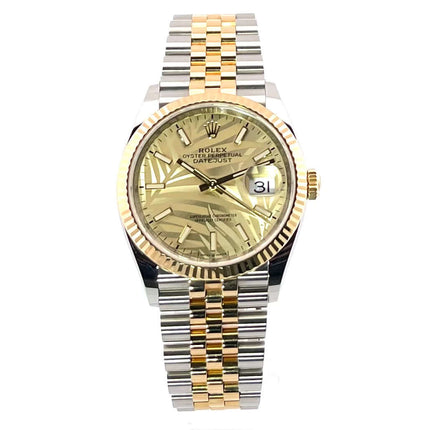 Rolex Datejust 36 Oystersteel Gelbgold 126233 Jubile-Band, goldenes Zifferblatt mit Palmenmuster und geriffelte Gelbgold Lünette