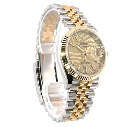 Rolex Datejust 36 Oystersteel Gelbgold 126233 mit goldenem Palmenmuster Zifferblatt und Jubile-Band aus Edelstahl und Gelbgold