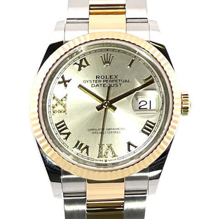 Rolex Datejust 36 Oystersteel Gelbgold Ref. 126233 Silber Römisch Zifferblatt mit Diamanten, 18 kt Gelbgold Lünette und Armband aus Edelstahl