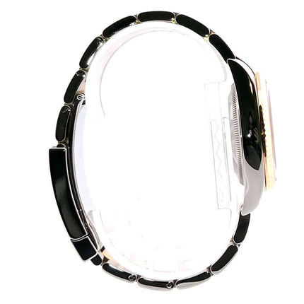 Seitenansicht der Rolex Datejust 36 Oystersteel Gelbgold 126233 mit sauber poliertem Edelstahl-Gelbgold-Armband und Faltschließe.