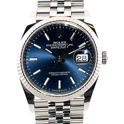Rolex Datejust 36 Oystersteel Weißgold 126234 mit blauem Zifferblatt und Jubiläumsarmband aus Edelstahl, Datumsanzeige am 28.