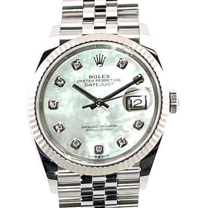 Rolex Datejust 36 Oystersteel Weißgold 126234, Perlmutt Zifferblatt mit Diamanten, Jubile Edelstahlband, Uhr, 2021 Modell.