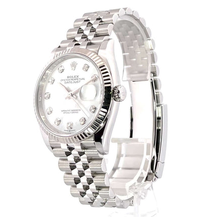 Rolex Datejust 36 Oystersteel Weißgold 126234, Perlmutt Zifferblatt mit Diamanten, Jubile-Band, 2021 Modell, Edelstahl-Gehäuse, Saphirglas
