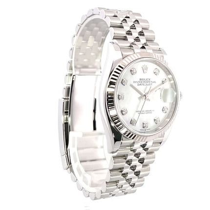 Rolex Datejust 36 Oystersteel Weißgold 126234 mit Perlmutt-Diamantzifferblatt und Jubilé-Band aus Edelstahl.