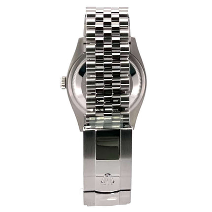 Rückansicht Rolex Datejust 36 Uhr mit Edelstahl-Jubile-Band und Faltschließe.