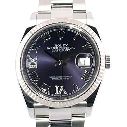 Rolex Datejust 36 Oystersteel Weißgold 126234 mit auberginefarbenem Zifferblatt, römischen Ziffern und Diamantakzenten