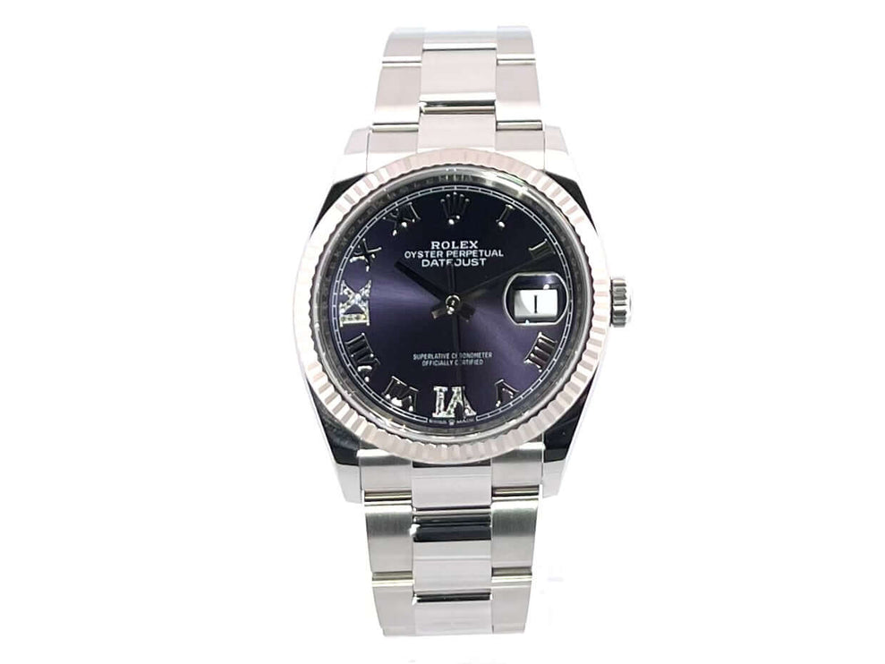 Rolex Datejust 36mm Oystersteel Weißgold 126234 mit purpurnem Zifferblatt und Diamanten, Oyster-Edelstahlband und Faltschließe.
