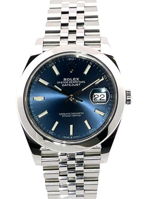 Rolex Datejust 41 Edelstahl 126300 mit blauem Zifferblatt und Jubile-Band, poliert und satiniert, Datum, Chronometer, Automatikwerk.