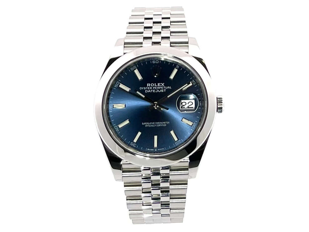 Rolex Datejust 41 Edelstahl 126300 Blaues Zifferblatt mit Jubile Edelstahlband, poliert und satiniert, aus dem Jahr 2020
