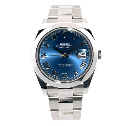 Rolex Datejust 41 Ref. 126300 aus poliertem und satiniertem Edelstahl mit blauem Zifferblatt, römischen Ziffern und Datumsanzeige