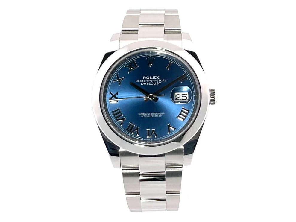 Rolex Datejust 41 Ref. 126300 aus poliertem und satiniertem Edelstahl mit blauem Zifferblatt, römischen Ziffern und Datumsanzeige