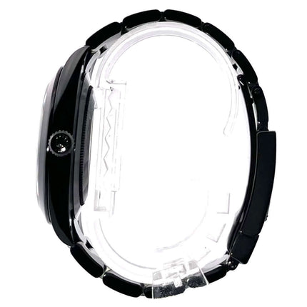 Seitenansicht der Rolex Datejust 41 Oystersteel 126300, poliertes und satiniertes Edelstahlgehäuse, Blaken Design, blaues Zifferblatt, römische Ziffern.